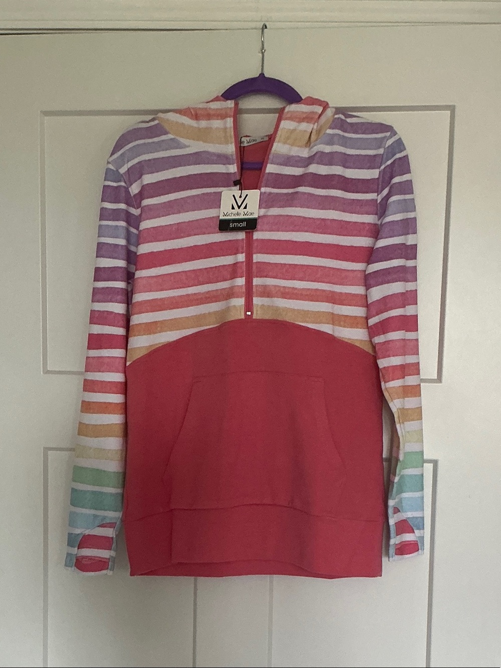 Michelle Mae Coral & Rainbow Stripe Half-Zip Hoodie